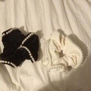 Black and White Velvet Scrunchies with Pearls